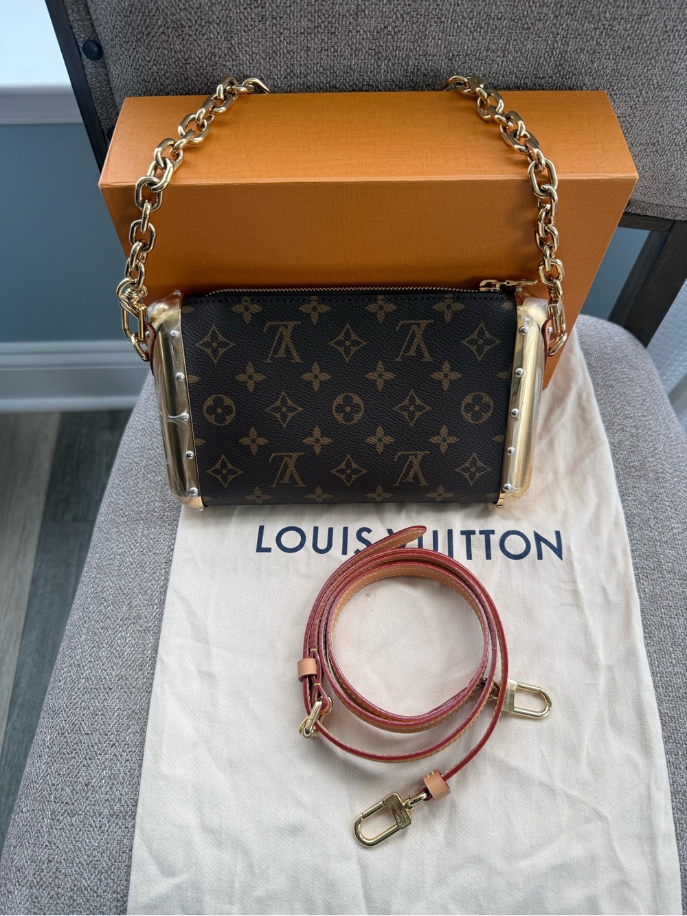 Louis Vuitton SIDE TRUNK BAG Monogram Canvas Crossbody with Gold Chain
